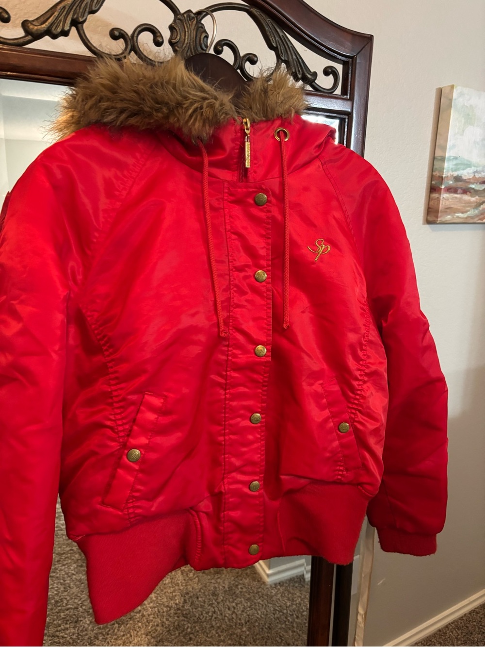 Y2K South Pole Women's M Red Hooded Bomber Jacket Faux Fur Trim Lined Zip Front